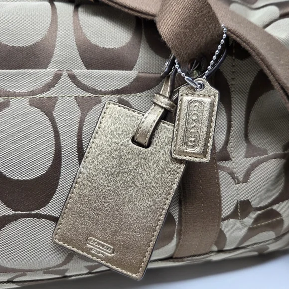 CoachKyra Signature Logo Travel Satchel Duffel Duffle Bag Tan Khaki